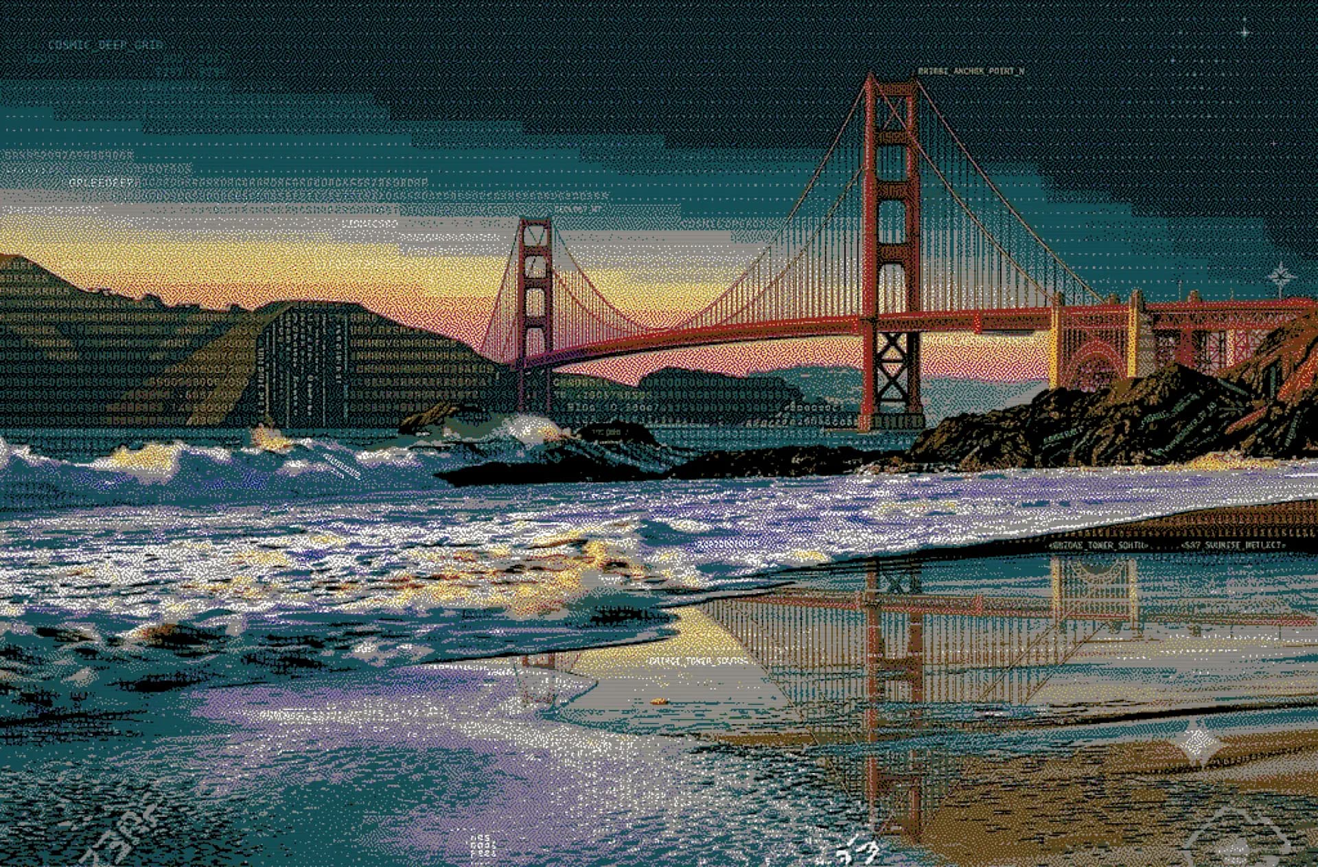 ASCII-art rendering of the Golden Gate Bridge at sunset